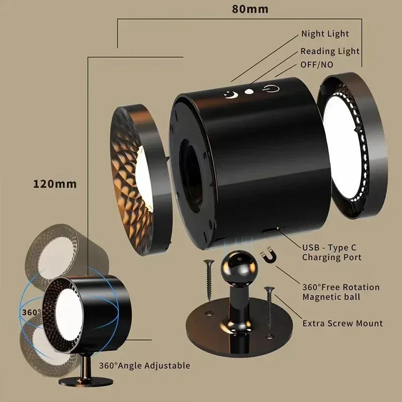 Wireless Magnetic Wall Lamp – 360° Rotating LED Reading Light with Remote Control