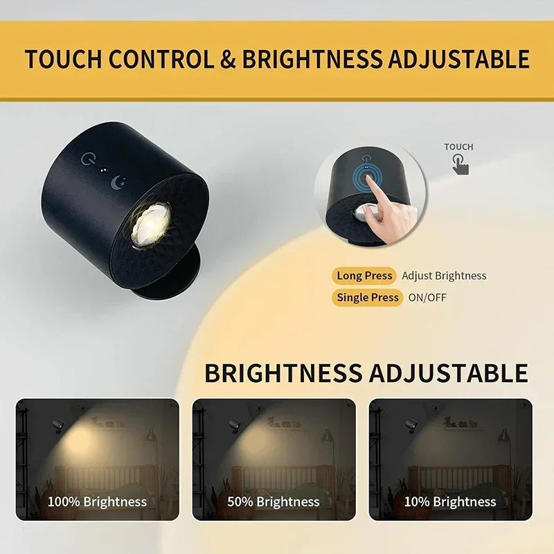 Wireless Magnetic Wall Lamp – 360° Rotating LED Reading Light with Remote Control