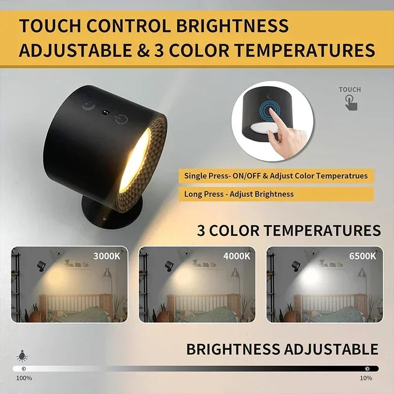 Wireless Magnetic Wall Lamp – 360° Rotating LED Reading Light with Remote Control