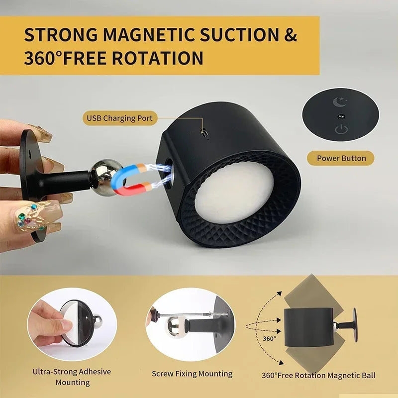 Wireless Magnetic Wall Lamp – 360° Rotating LED Reading Light with Remote Control