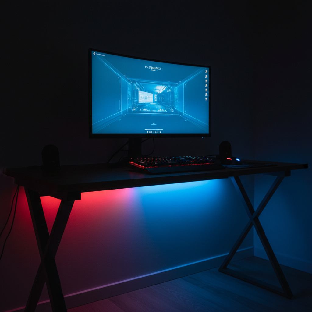 RGB LED strips under gaming desk with keyboard setup