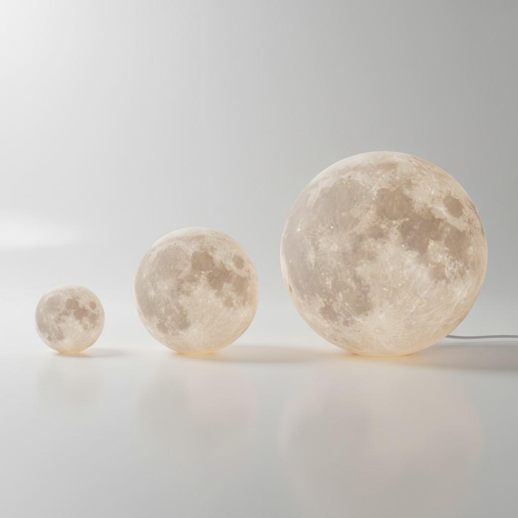 Three moon lamp sizes comparison on white background