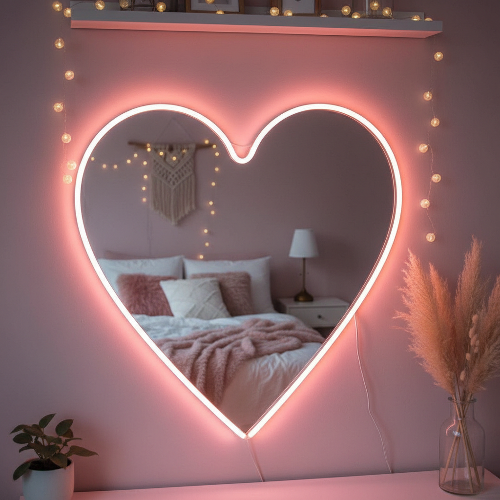 Neon flex framing bedroom mirror in heart shape