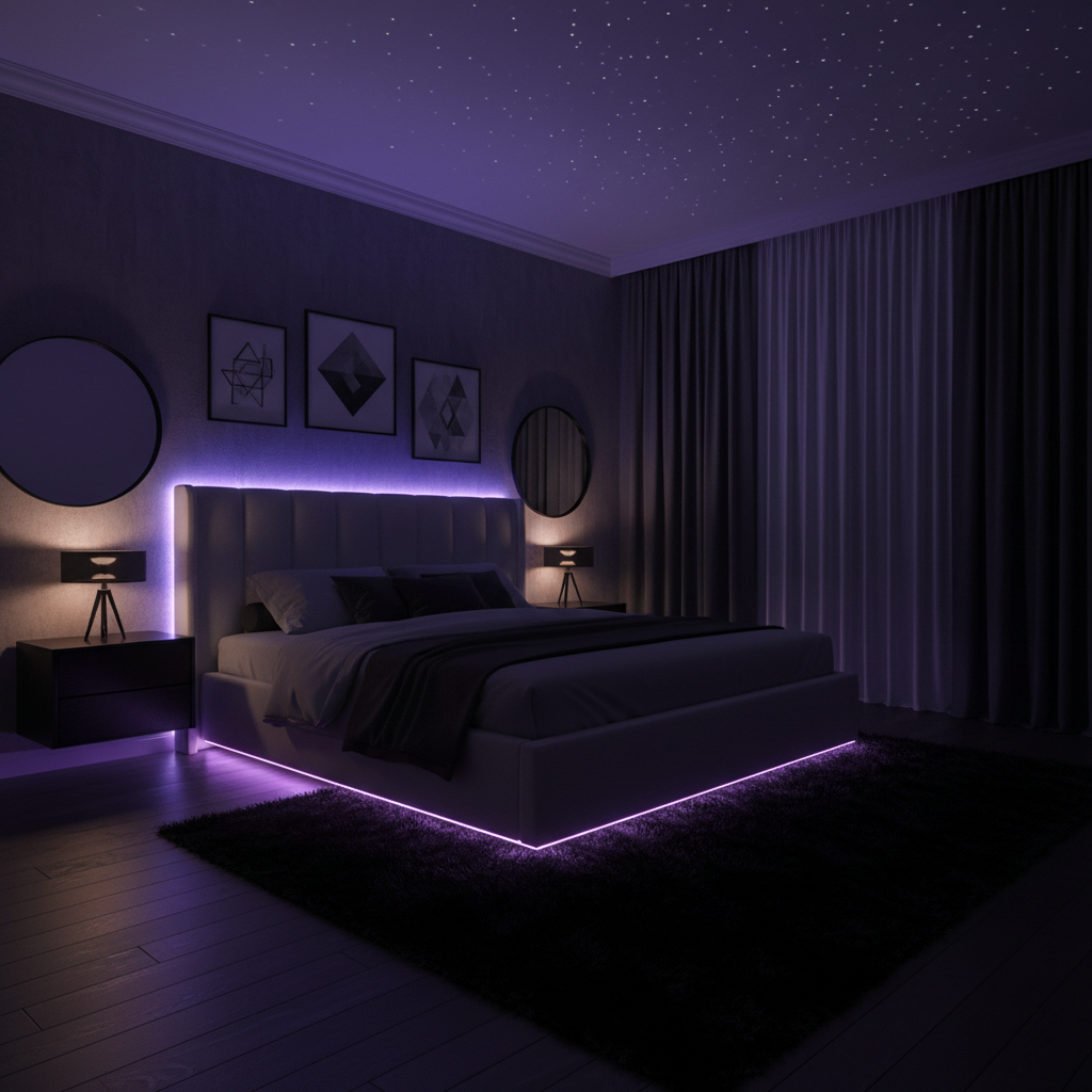 RGB LED strips behind bed frame glowing purple and blue