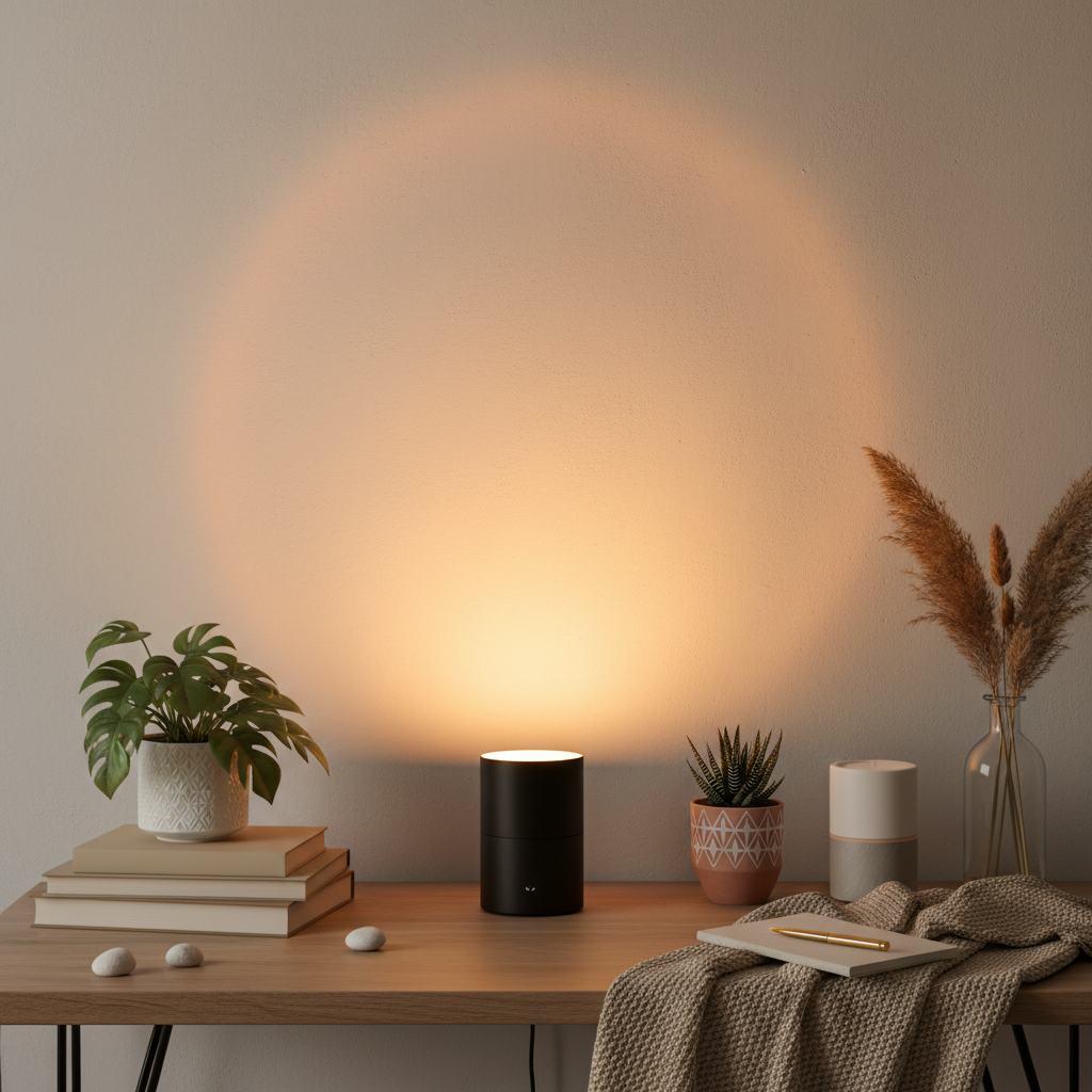 Sunset lamp on aesthetic desk with plants