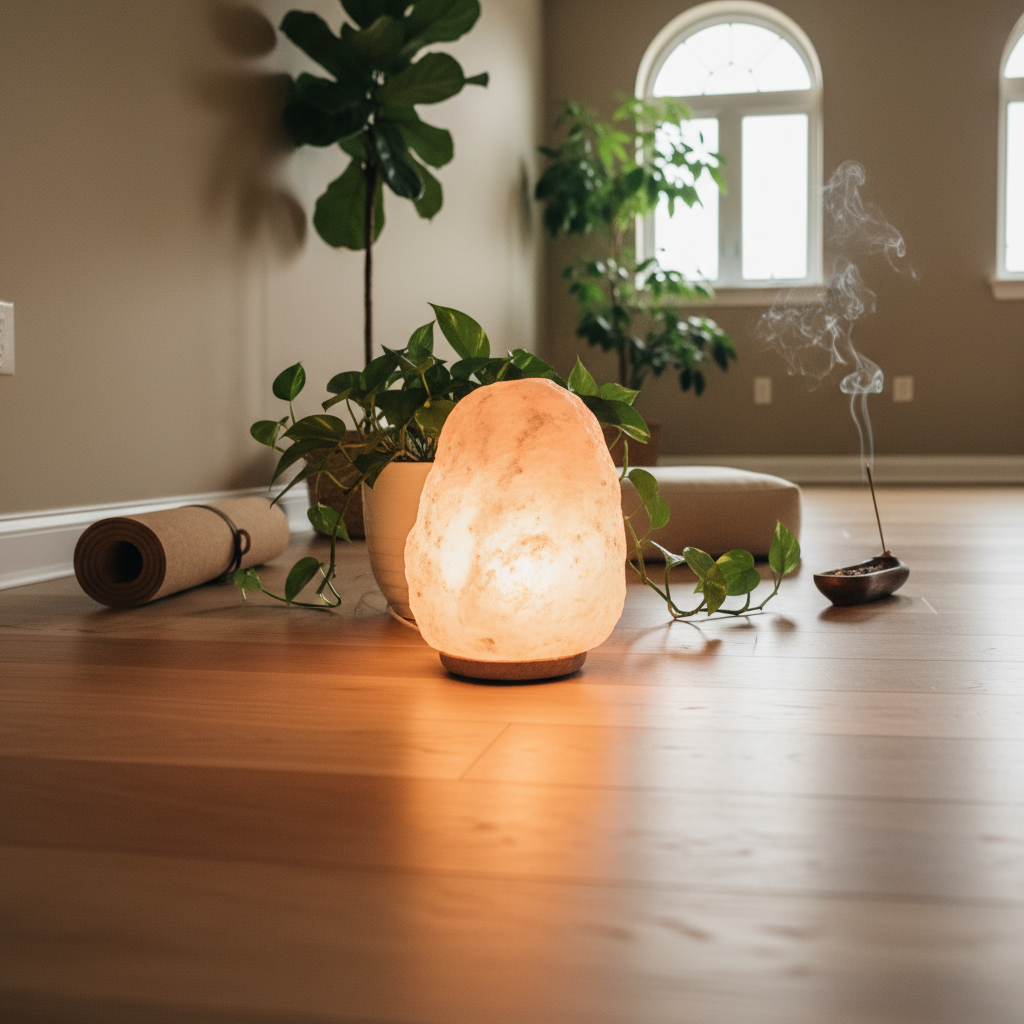 Himalayan salt lamp in yoga meditation room