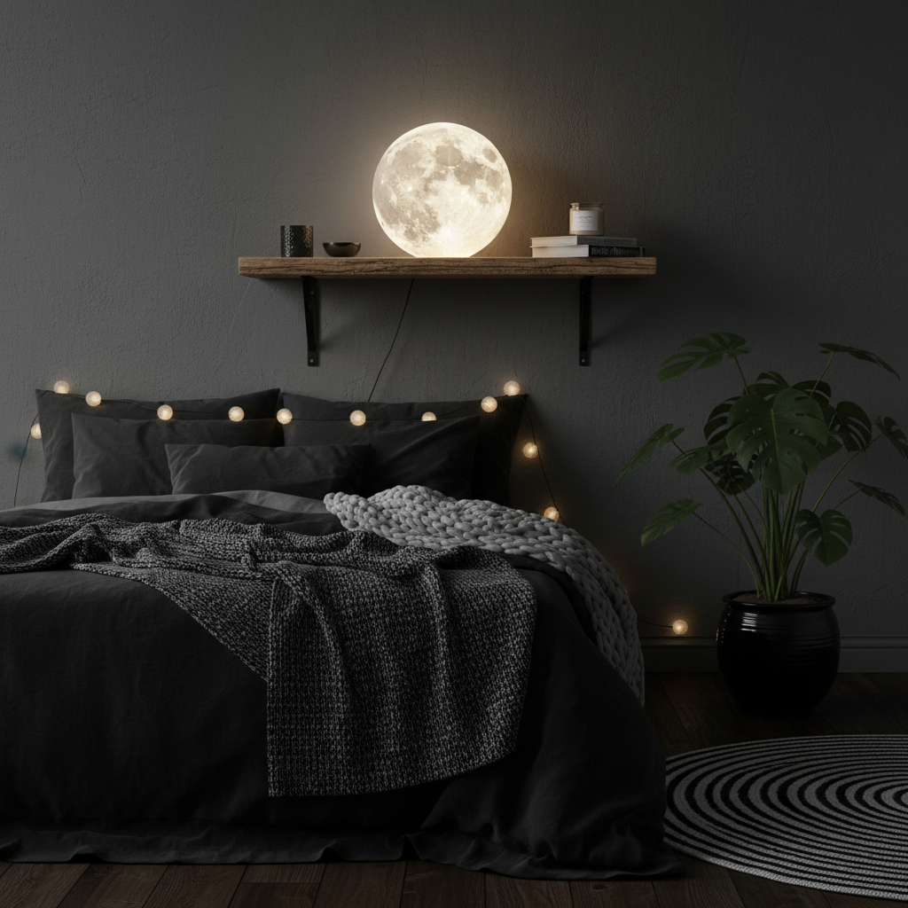 Moon lamp glowing on shelf in dark aesthetic bedroom